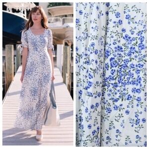 Gal Meets Glam Brigitte Floral Blue and White Maxi Dress